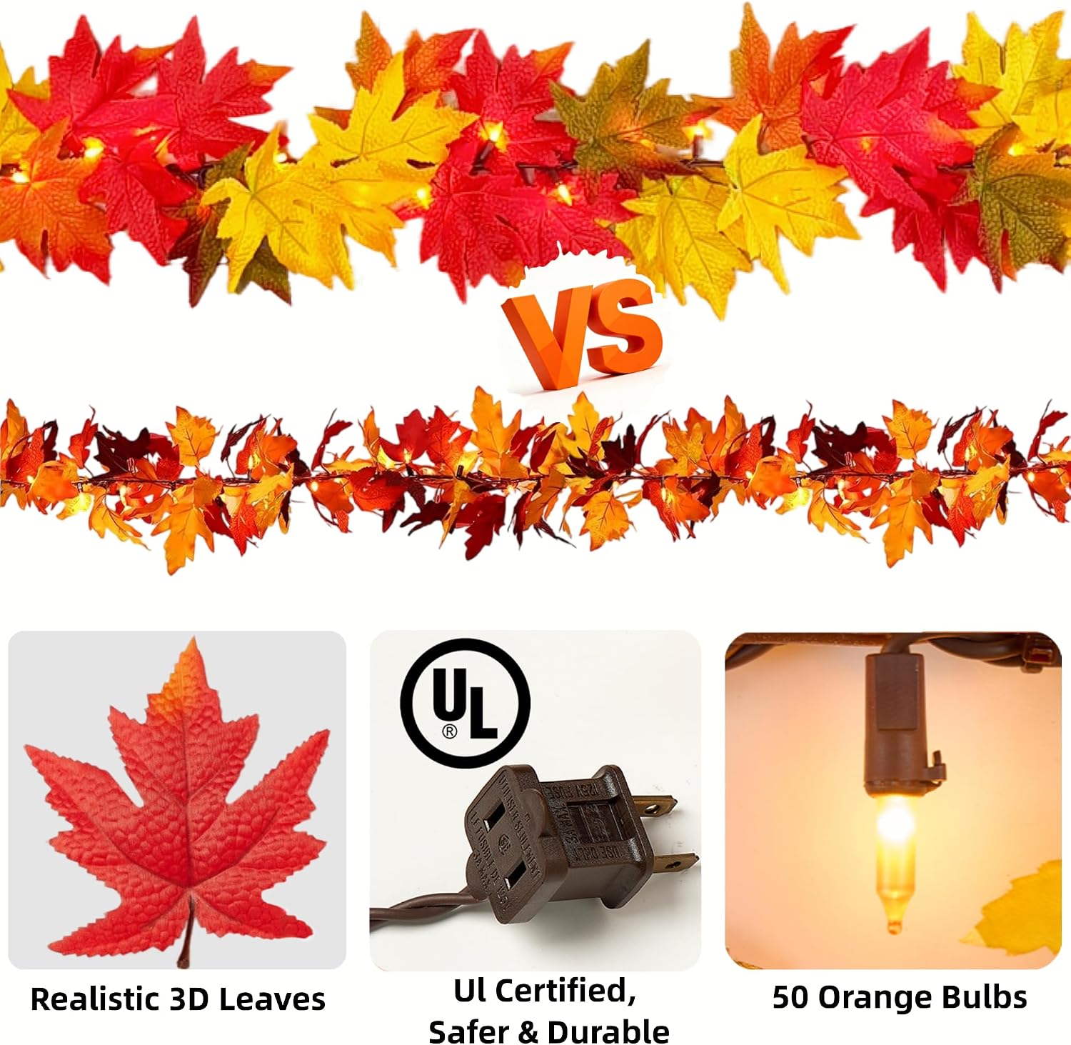 Fall Decorations for Home 9Ft Plug in Fall Garland with Lights Lush and Thicker Large Leaves, 50 Orange Bulbs Prelit Connectable UL Certified Fall Lights for Autumn Thanksgiving Halloween Decorations