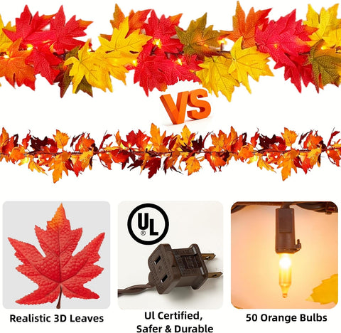 Fall Decorations for Home 9Ft Plug in Fall Garland with Lights Lush and Thicker Large Leaves, 50 Orange Bulbs Prelit Connectable UL Certified Fall Lights for Autumn Thanksgiving Halloween Decorations