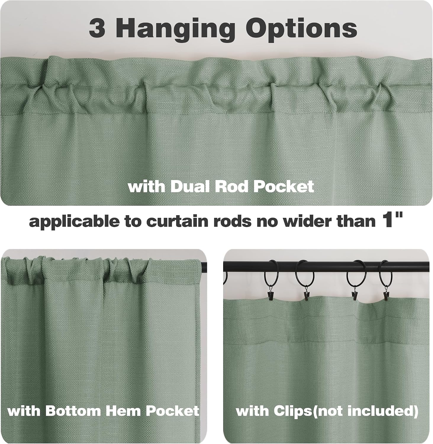 Chyhomenyc Sage Green Valance for Windows, Faux Linen Slub Textured Semi Sheer Small Window Valance Curtain for Kitchen Bathroom Cafe Laundry Basement, 30Wx14L inch, 2 Piece