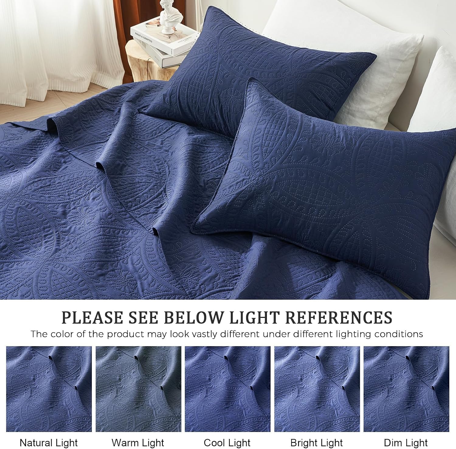 akkialla 118"x106" Navy California King Quilt Set, Oversized Floor-Length Bedspread, Modern Coin Pattern Microfiber Coverlet, 3-Piece All Season Bedding with 2 Pillow Shams