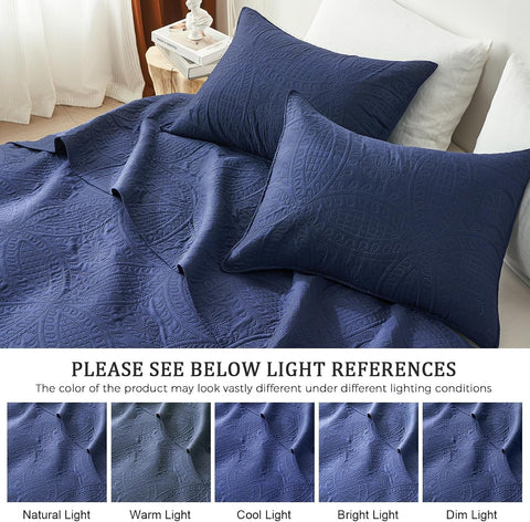 akkialla 118"x106" Navy California King Quilt Set, Oversized Floor-Length Bedspread, Modern Coin Pattern Microfiber Coverlet, 3-Piece All Season Bedding with 2 Pillow Shams