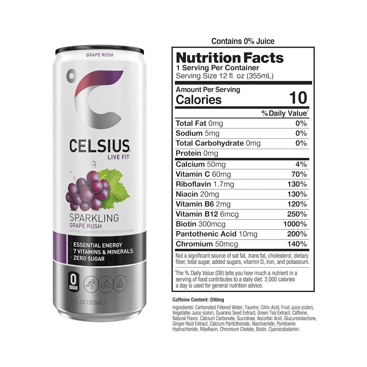 CELSIUS Sparkling Grape Rush, Sugar Free Energy Drink, 12 Fl Oz (Pack of 12)