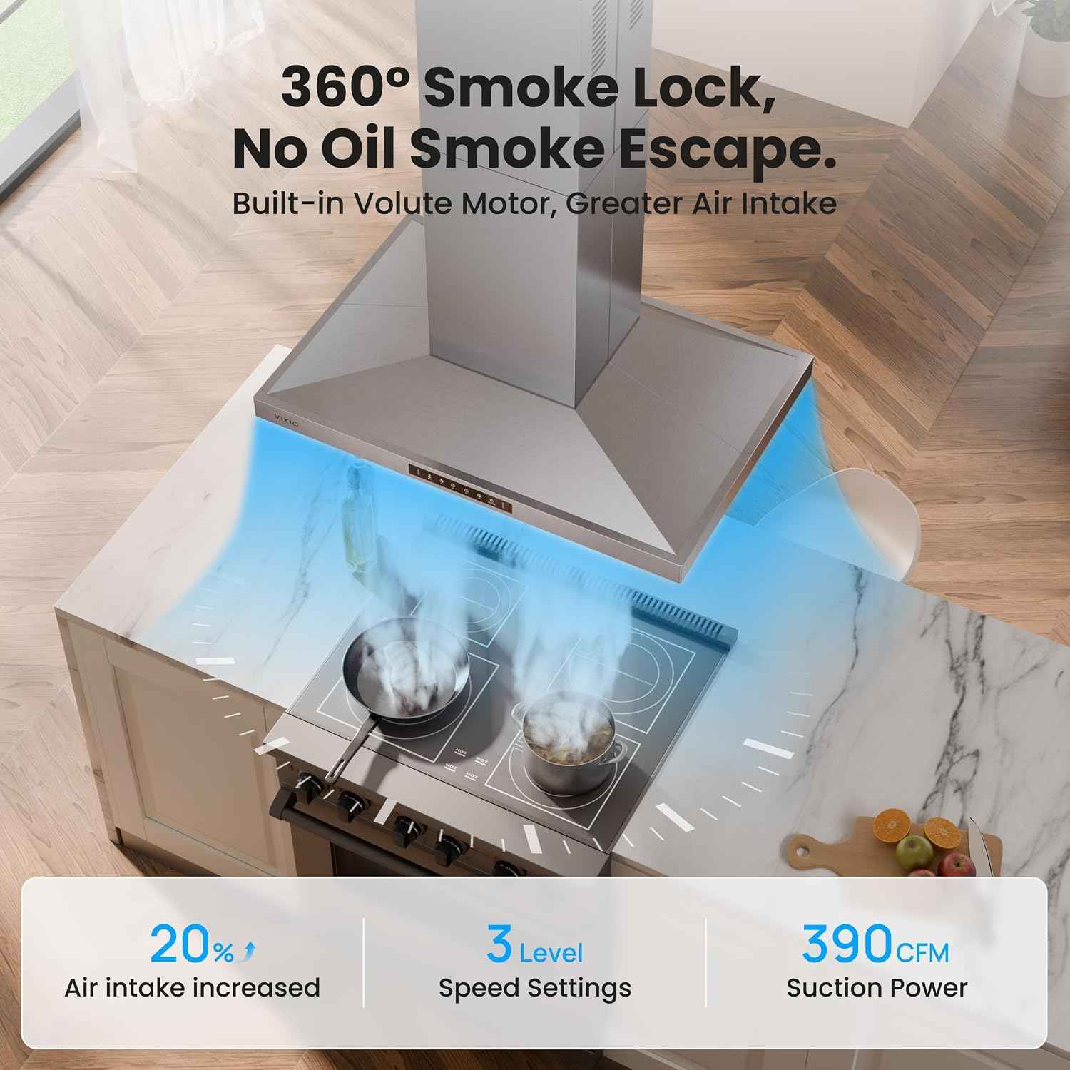 VIKIO HOME Island Range Hood 36 Inch, 390 CFM kitchen Hood with Touch/Gesture, Ceiling Mount, Convertible Ducted/Ductless, 3-Speed Fan, 3 Stainless Steel Baffle Filters