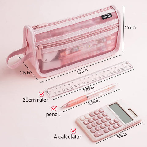 Four Candies Grid Mesh Pencil Case, Clear Double-layer with Handle (Pink)