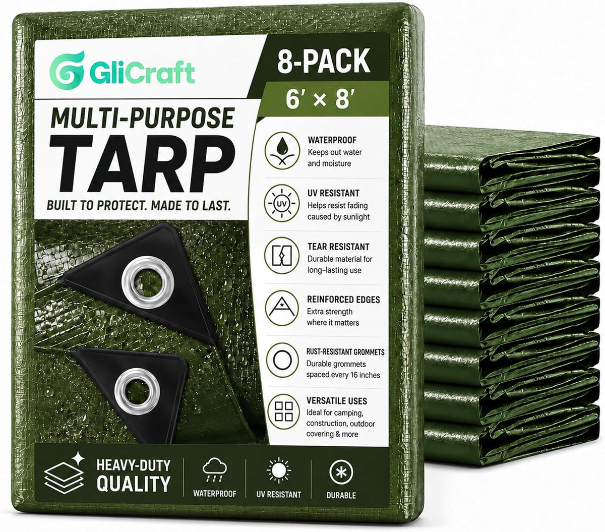8 Pack 6 x 8 ft Army Green Tarps, 5.5 Mil Heavy Duty Waterproof Tarp