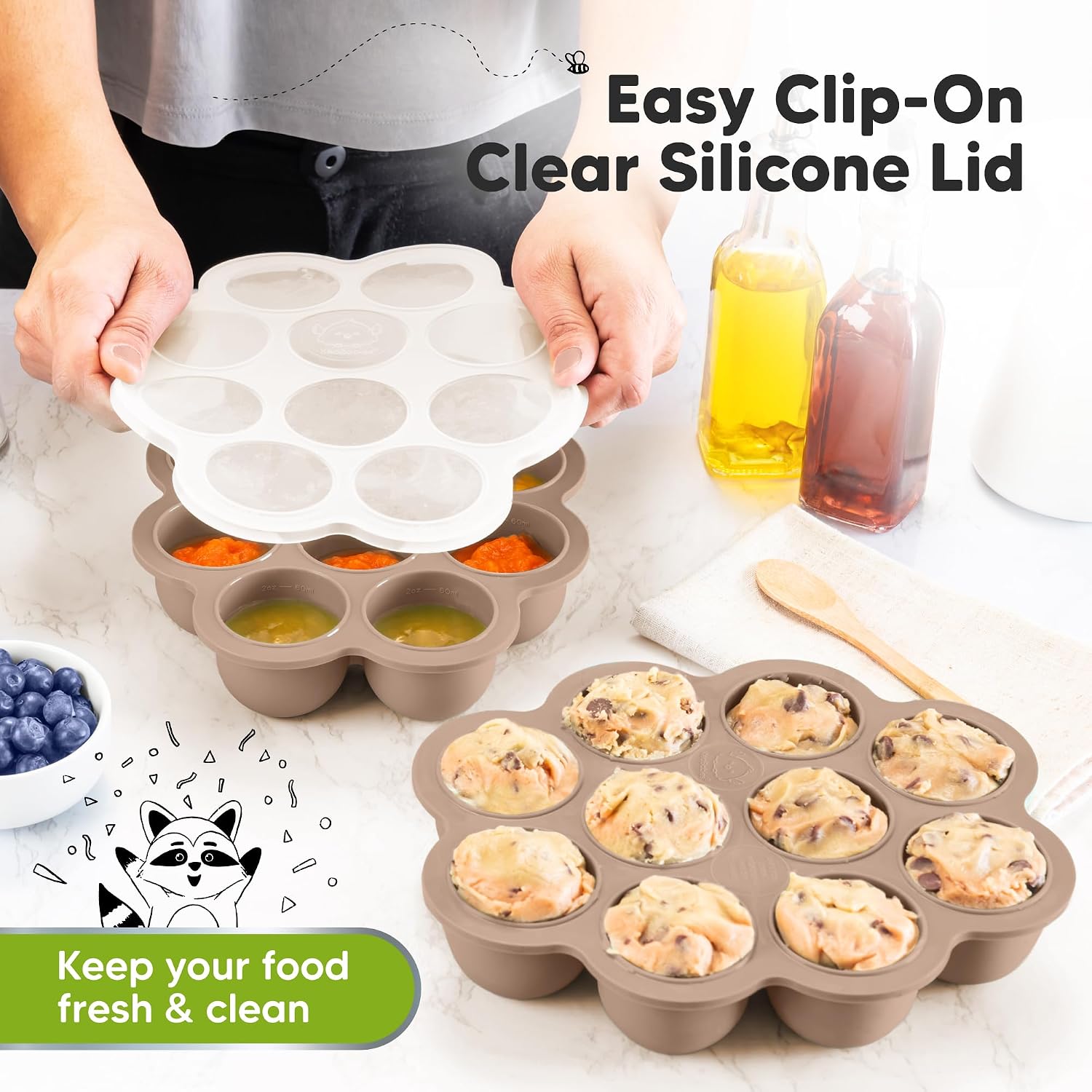 KeaBabies Silicone Food Freezer Trays with Lid, 2oz x 10 Pods, Chai Latte