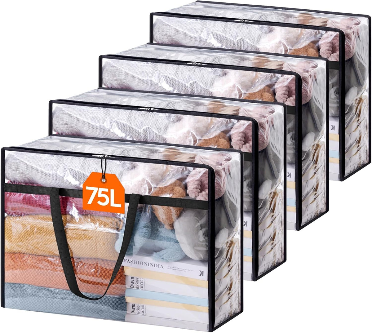Lifewit 4 Pack Clear Clothes Storage Bags, 75L Plastic Blanket Storage Bag, Vinyl Foldable Moving Bags with Zipper, Closet Organizers and Storage Containers for Bedding, Duvet, Comforter