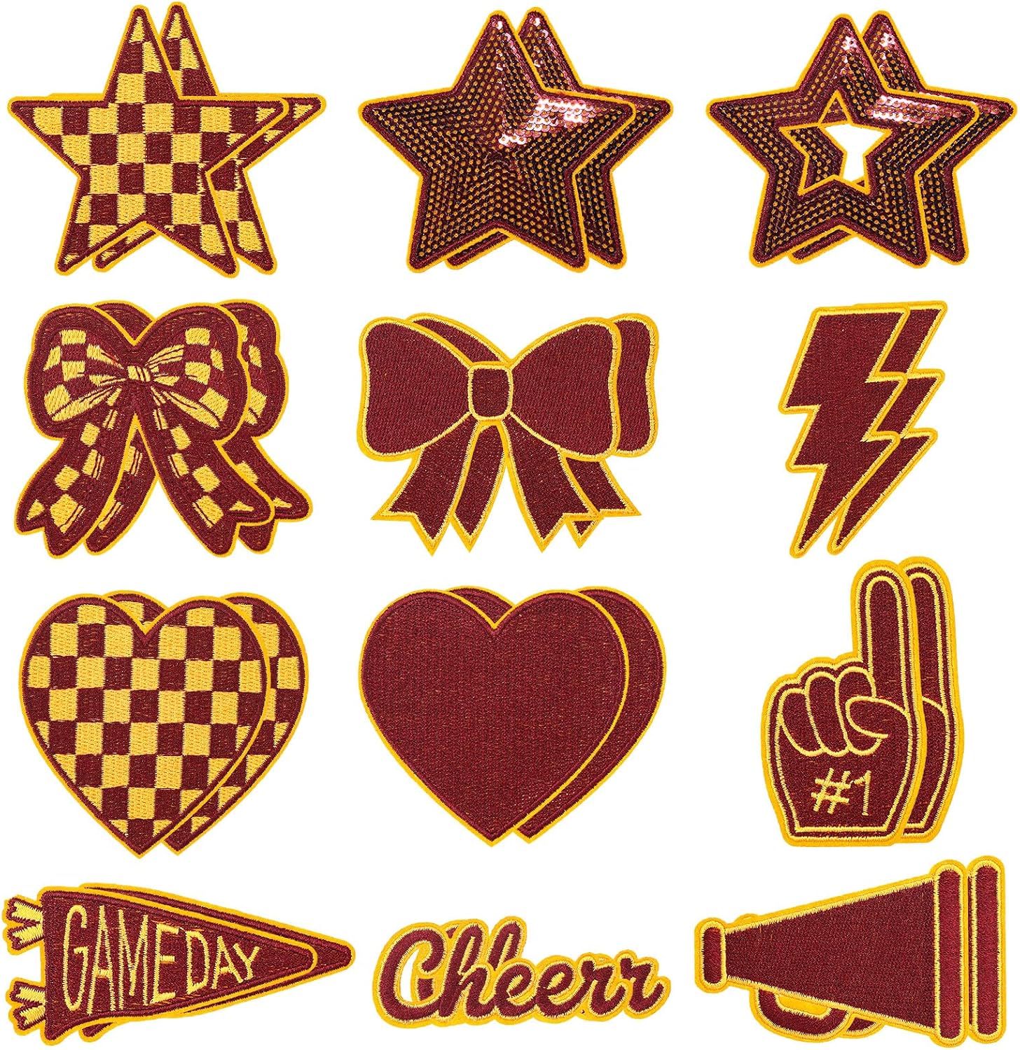 24 Pcs Burgundy Yellow Football Cheer Patches Iron on for Hats