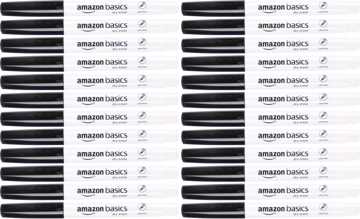 Amazon Basics Low Odor Ultra Fine Tip Dry Erase Whiteboard Markers for Teacher Supplies, Black, 24-Pack