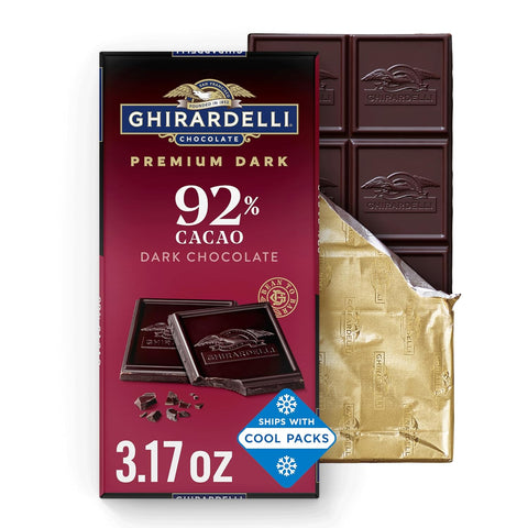 GHIRARDELLI Intense Dark Chocolate Bar, 92% Cacao Holiday Chocolate for Holiday Gifts and Stocking Stuffers, 3.17 Oz Bar (Pack of 12)