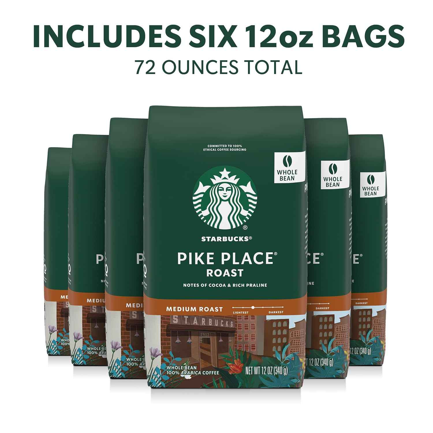 Starbucks Whole Coffee Beans, Medium Roast Hot or Iced Coffee, Pike Place Roast, Six 12 oz Bags | 100% Arabica whole bean coffee; Medium Roast Pike Place Roast; 6 bags, 12 oz each (72 oz total)