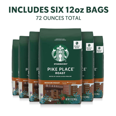 Starbucks Whole Coffee Beans, Medium Roast Hot or Iced Coffee, Pike Place Roast, Six 12 oz Bags | 100% Arabica whole bean coffee; Medium Roast Pike Place Roast; 6 bags, 12 oz each (72 oz total)