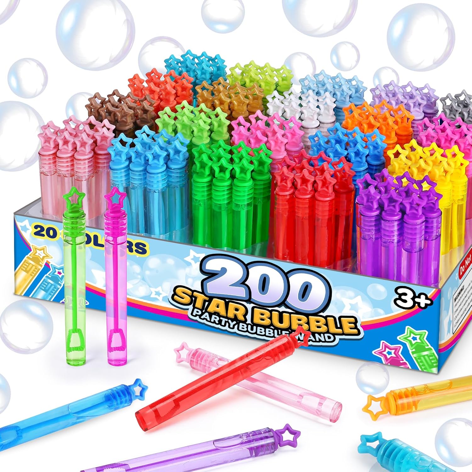 200 Pcs Mini Star Bubble Wands Bulk, 20 Color Neon Party Favors Gift Box