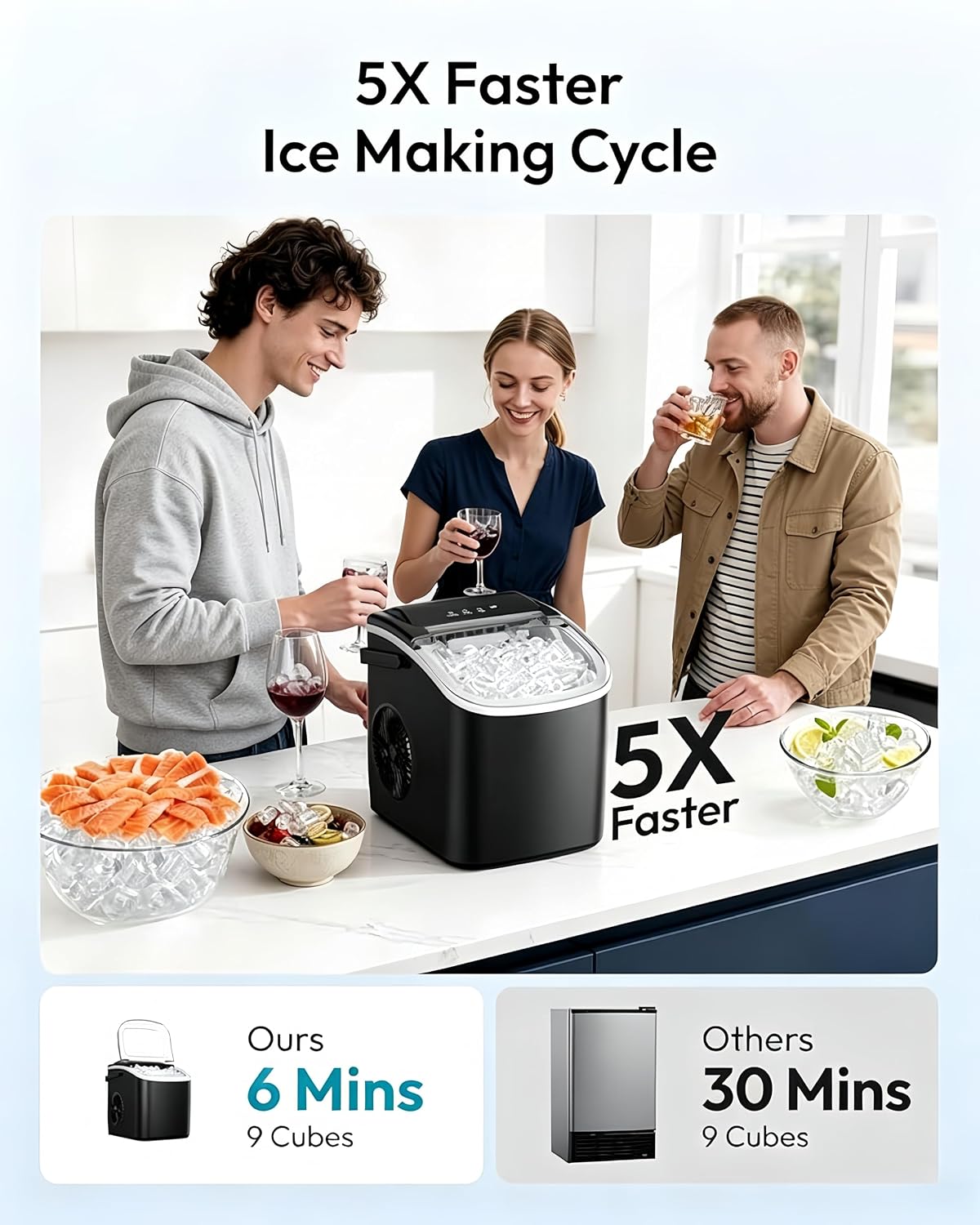 Portable Ice Maker Countertop, Self-Cleaning Ice Maker Machine, 26lbs/24Hrs, 9 Cubes in 6 Mins, Compact Ice Maker for Home/Kitchen/RV with Handle, Basket (Diamond Black)