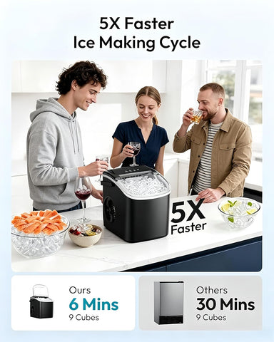 Portable Ice Maker Countertop, Self-Cleaning Ice Maker Machine, 26lbs/24Hrs, 9 Cubes in 6 Mins, Compact Ice Maker for Home/Kitchen/RV with Handle, Basket (Diamond Black)