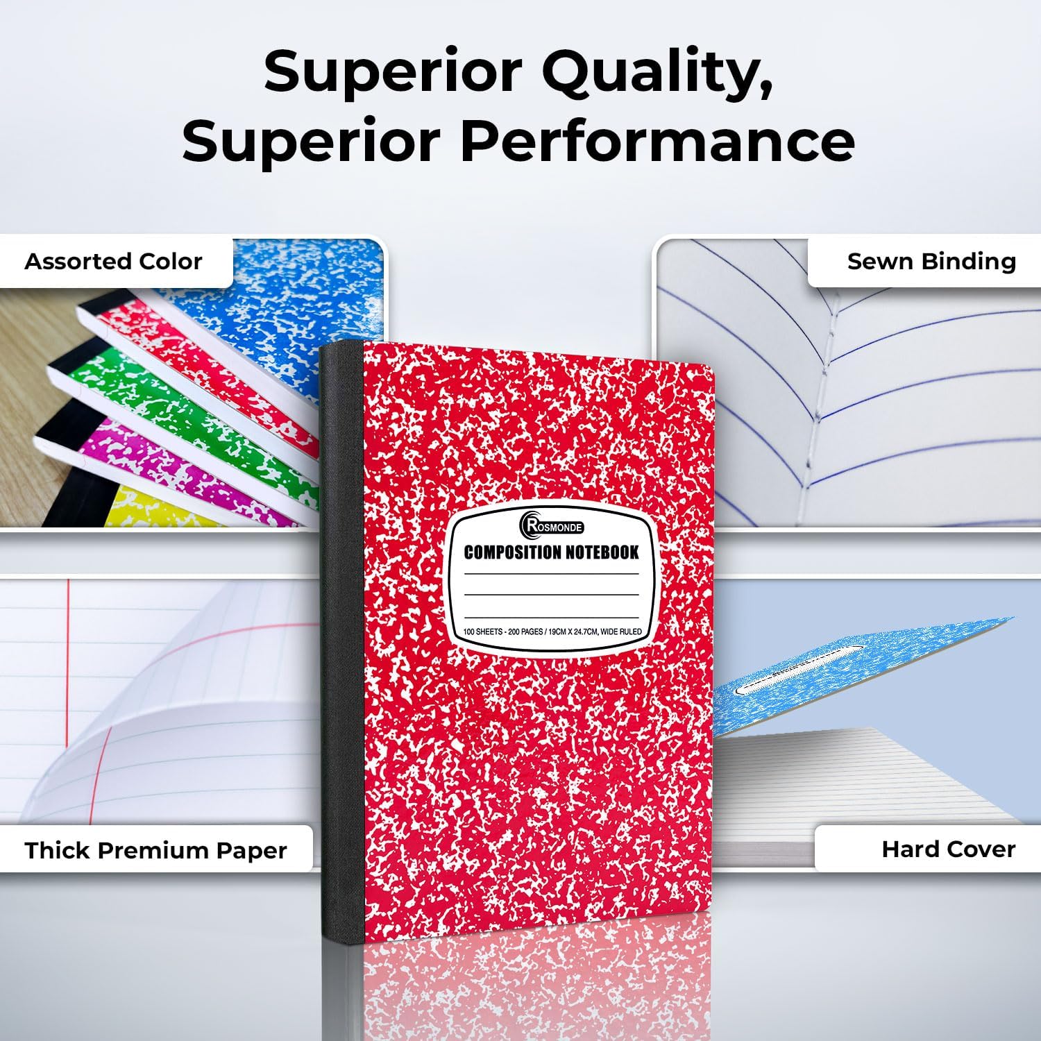 Rosmonde 12 Pack Bulk Composition Notebook Wide Ruled, Assorted Colors