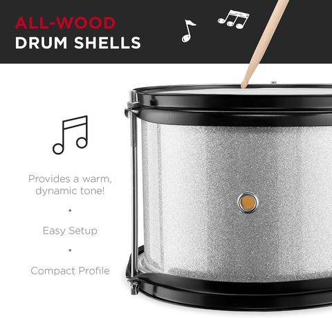 Best Choice Products 3-Piece Beginner Drum Set for Kids Juniors, w/Throne Stool, Cymbal, Drum Sticks, Bass Drum Pedal, 2 Toms - Silver Sparkle