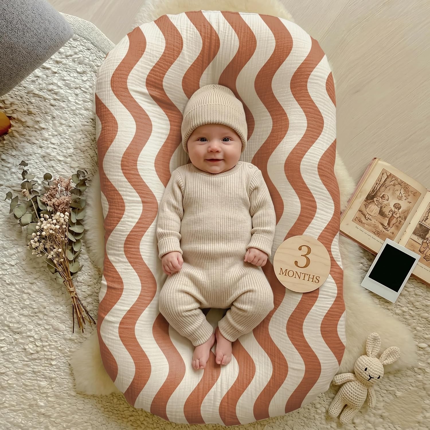 guruixu Muslin Baby Lounger Cover 2 Pack, 100% Cotton Infant Replacement Cover, Soft & Breathable Replacement Slipcover, Compatible with Snuggle Me Lounger (Terracotta,Terracotta Wave)