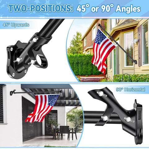 Flag Pole Holder for Outside House, REERON 2-Positions Metal Flagpole Bracket Mounts, 1" Aluminium Rustproof Flag Pole Wall Porch Mounting Brackets with 3 Fixed Holes & Steel Hardwares (Black-1 Pack)