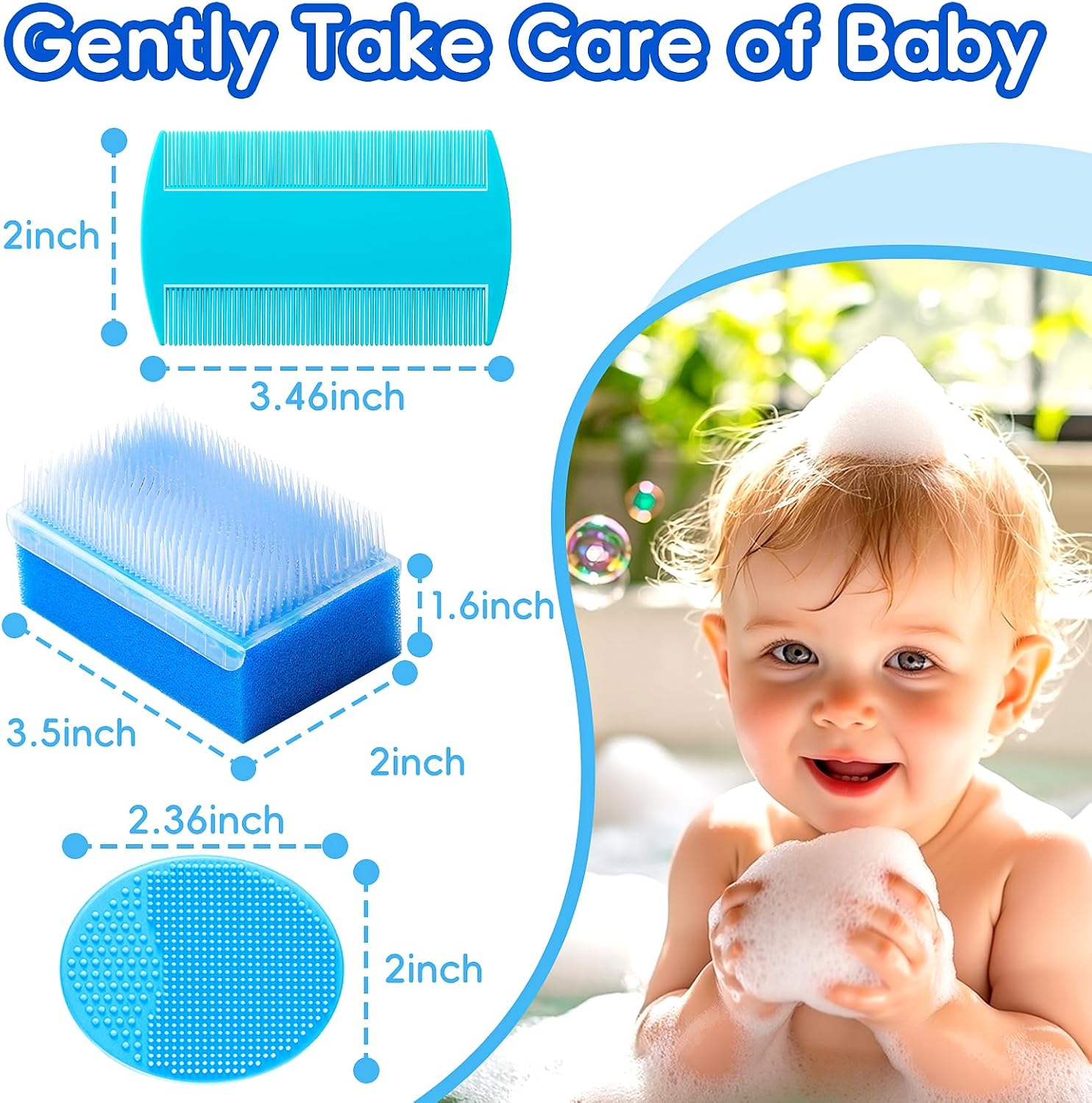 Cradle Cap Brush for Babies, Baby Bath Essentials with Silicone Scrubber Bath Sponge Dual-Sided Comb for Newborns Toddlers Boys Girls (Blue,Set of 5)