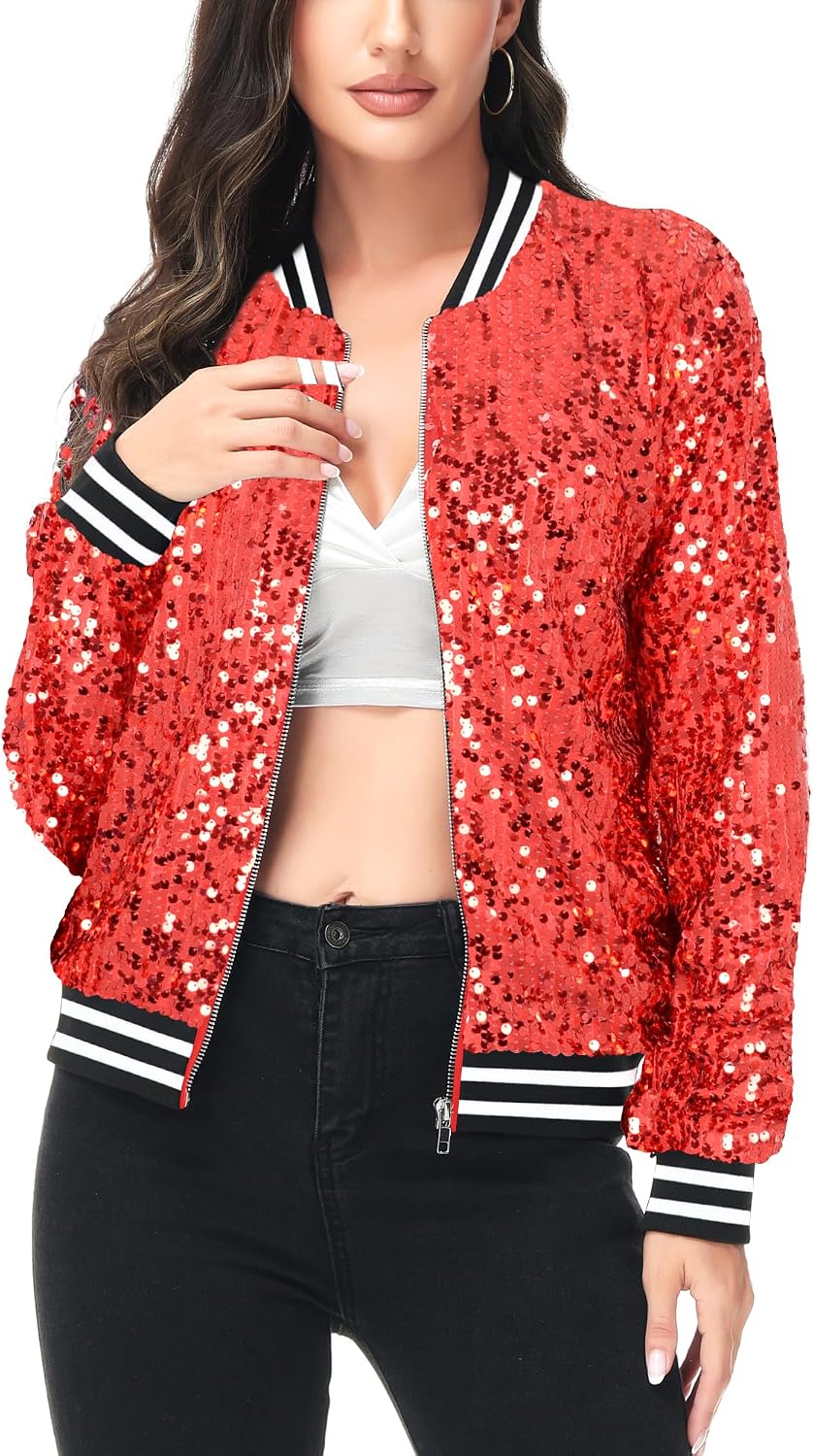 Anna-Kaci Womens Sequin Jacket Bomber Coat 1989 Slitter Outfit For Concert Party