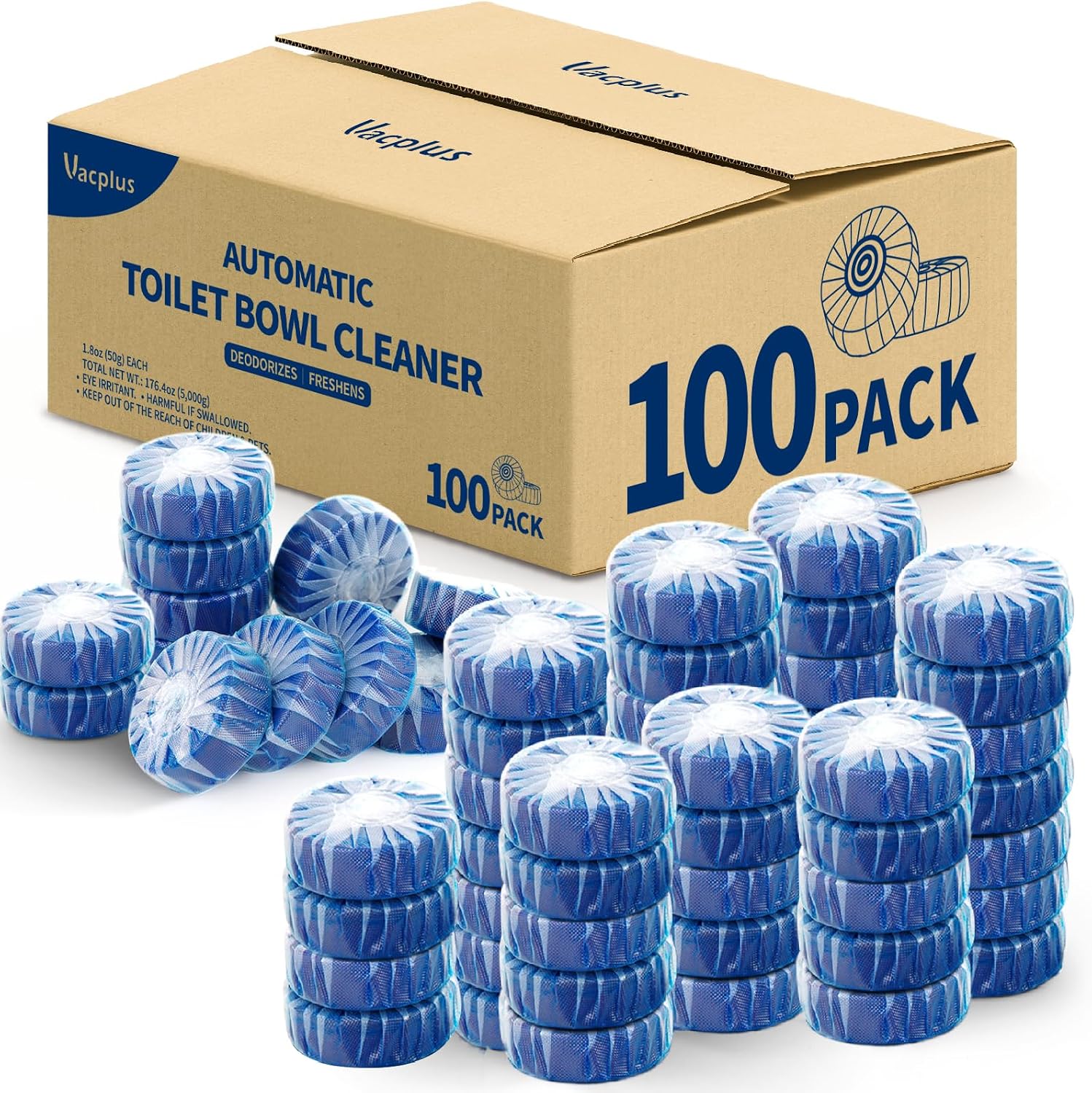 Vacplus Toilet Bowl Cleaner Tablets, 100 Pack, Auto Cleaning, Long-Lasting