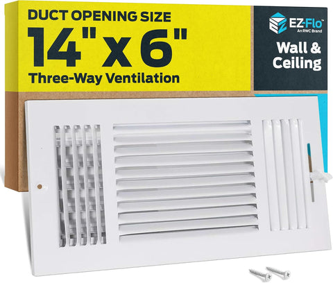 EZ-FLO 14 x 6 Inch (Duct Opening) Air Vent Cover for Wall or Ceiling, Three-Way Ventilation Register, Solid Steel HVAC Register Cover, White, 61616