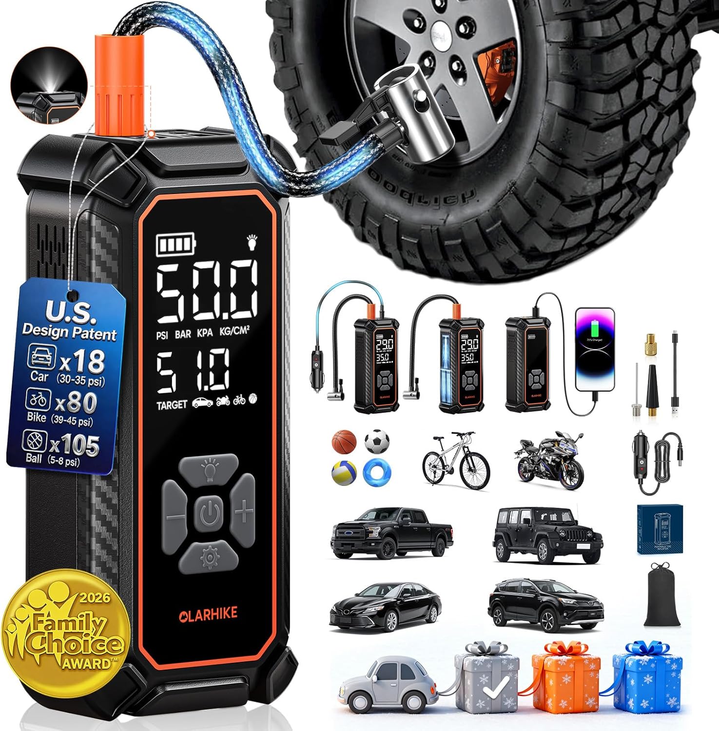 OlarHike Tire Inflator Portable Air Compressor, Dual Power-3 * 2000mAh & 12V DC