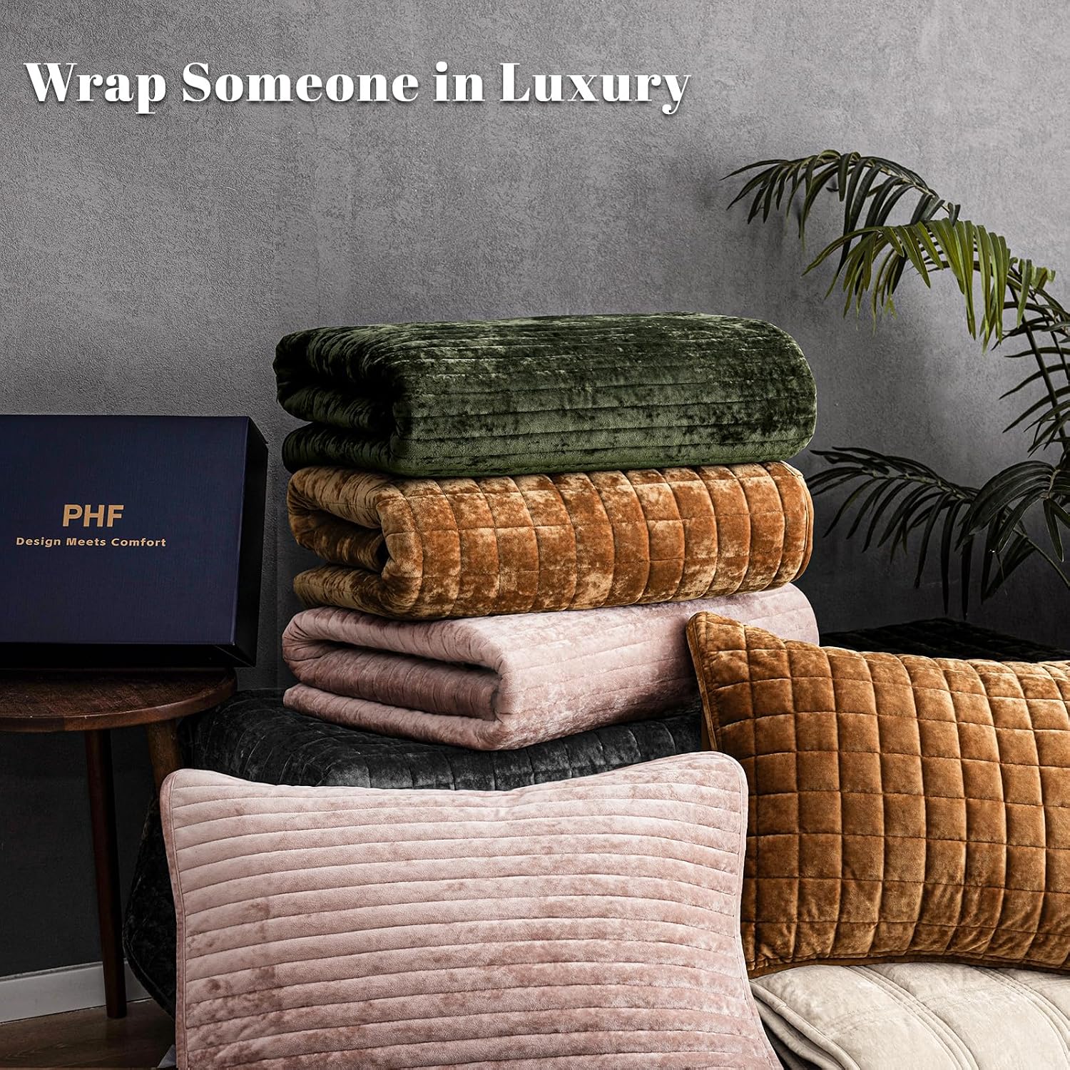 PHF Square-Box Luxury Velvet Quilt Set Twin Size, Oxford Tan