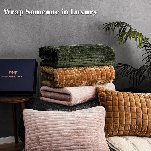 PHF Square-Box Luxury Velvet Quilt Set Twin Size, Oxford Tan