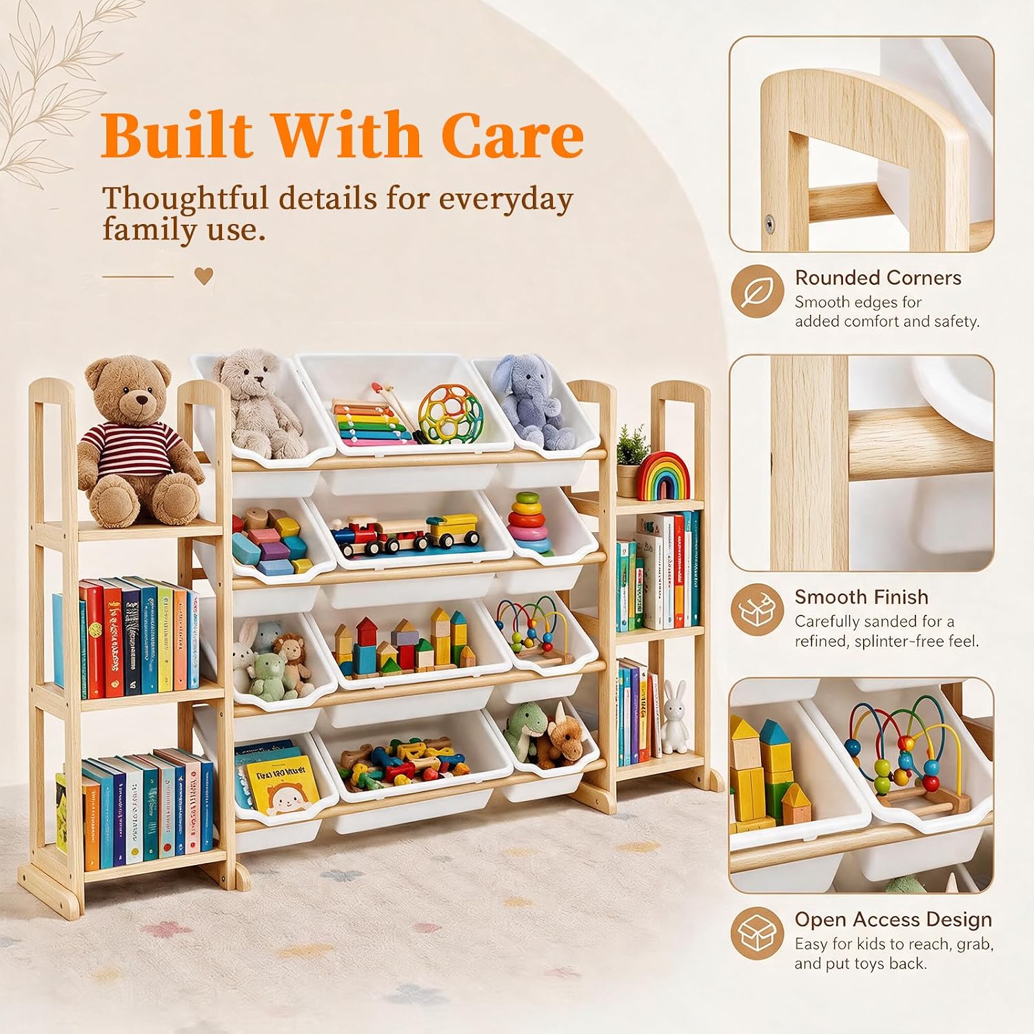 Toy Storage Organizer with Bookshelf – Wooden Toy Organizer with 12 Toy Bins & 6 Tier Bookcase,Quick Assembly Kids Bookshelf,Toy Bin for Playroom, Bedroom, Nursery– White