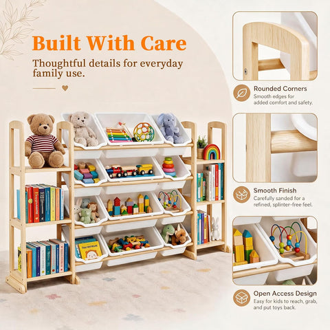 Toy Storage Organizer with Bookshelf – Wooden Toy Organizer with 12 Toy Bins & 6 Tier Bookcase,Quick Assembly Kids Bookshelf,Toy Bin for Playroom, Bedroom, Nursery– White