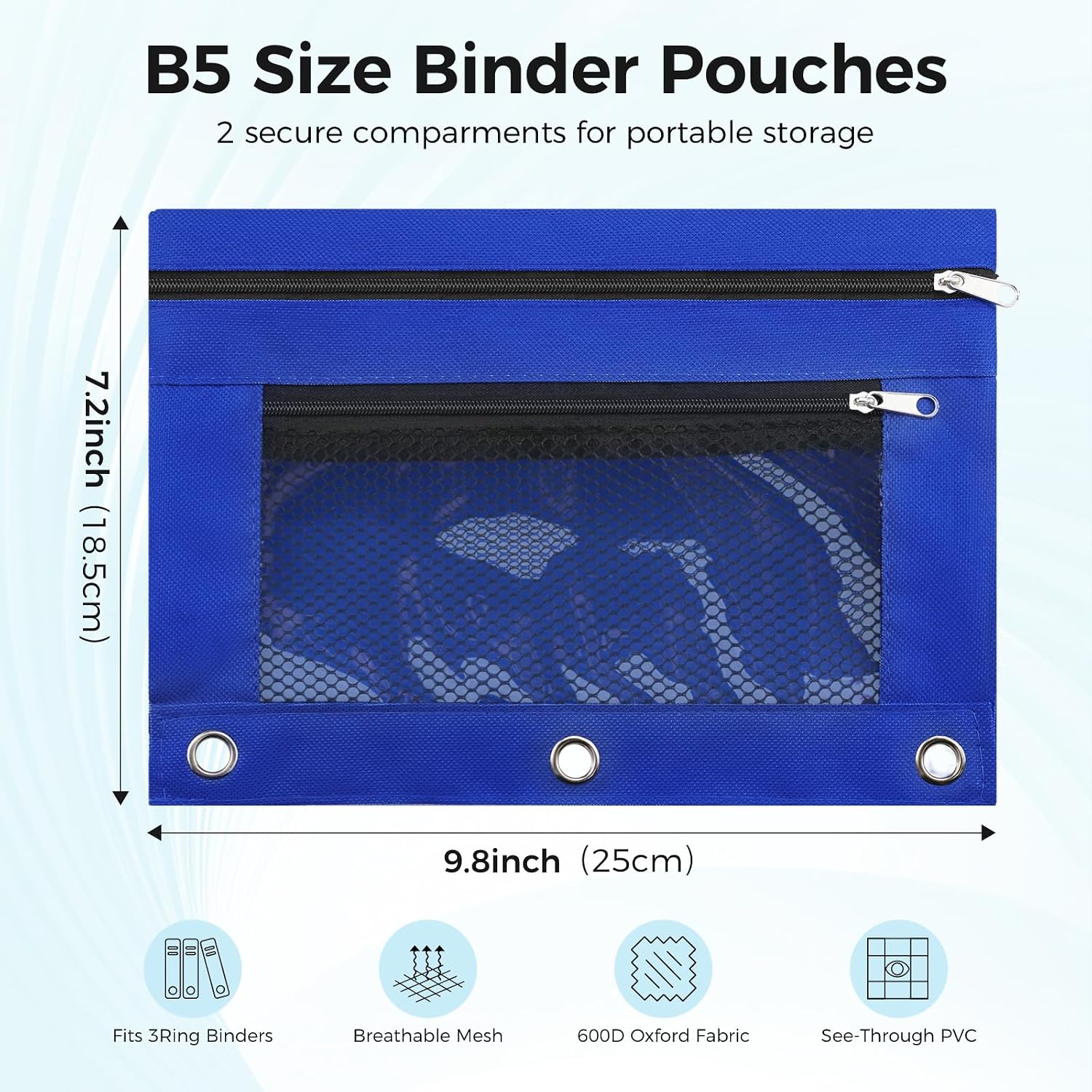 Pencil Pouch for 3 Ring Binder, Pencil Case with Zipper, 600D Fabric Pencil Pouch Bag Holder Accessories, Clear Window Pencil Case Aesthetic Back to School Organizer Pockets for Boy Girl (Deep Blue)