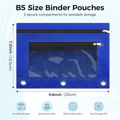 Pencil Pouch for 3 Ring Binder, Pencil Case with Zipper, 600D Fabric Pencil Pouch Bag Holder Accessories, Clear Window Pencil Case Aesthetic Back to School Organizer Pockets for Boy Girl (Deep Blue)