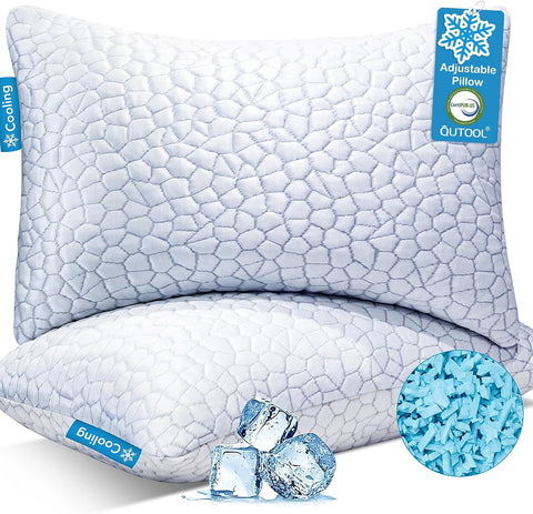 QUTOOL Cooling Pillow for Sleeping, CertiPUR-US Shredded Memory Foam Queen Pillows Set of 2, Cool Pillow for Hot Sleepers Adjustable Firm Pillow for Side, Back, Stomach Sleepers Soft Yet Support,White
