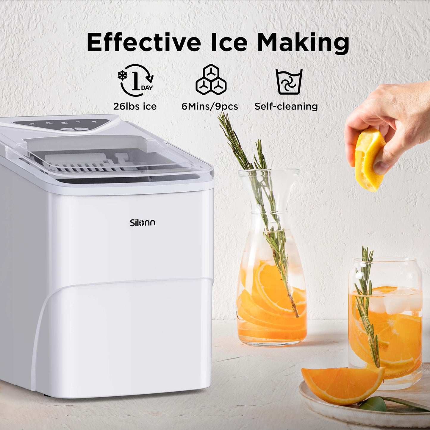 Silonn Ice Makers Countertop, 9 Bullet Ice Cubes Ready in 6 Minutes, 26lbs in 24Hrs Portable Ice Maker Machine Self-Cleaning, 2 Sizes of Bullet-Shaped Ice for Home Kitchen Office Bar Party, White