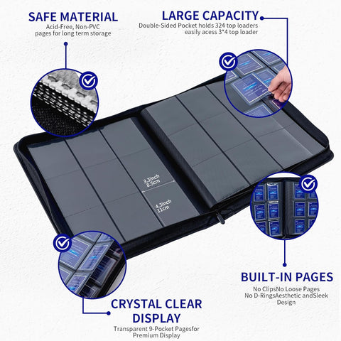 Toploader Binder Holds 324 Toploaders - 20 Toploaders|Waterproof PU Leather + Anti-Yellowing PP Inserts | Ridge Tab Sorting Portable top loader binder for cards(For Sports/Game Cards)