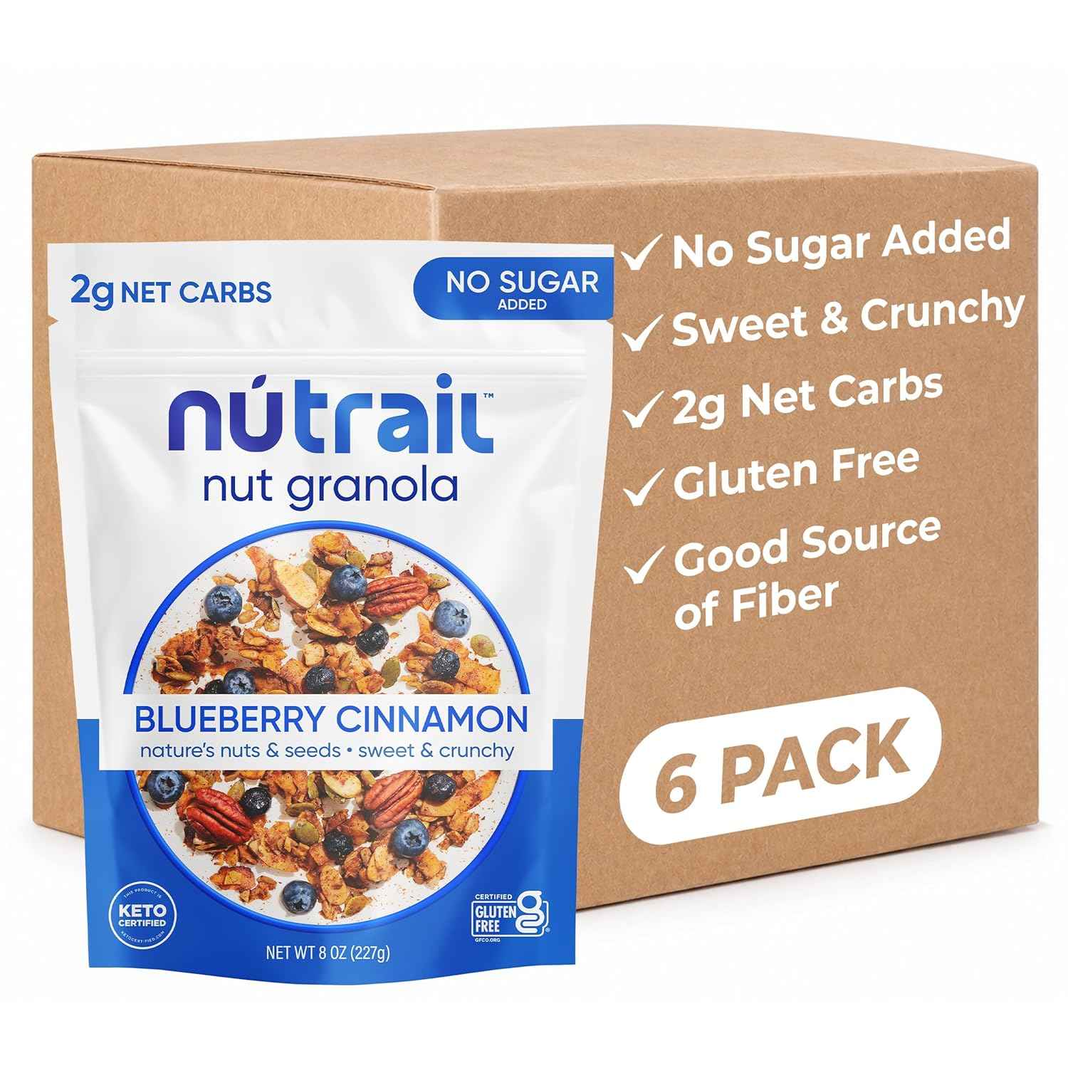 NuTrail Nut Granola, Blueberry Cinnamon, No Sugar Added, Gluten Free, Grain Free, Keto, Low Carb, Healthy Breakfast Cereal 8 oz. 6 Count | No Seed Oils, Real Ingredients, Almonds, Pecans, Coconut, Pumpkin and Sunflower Seeds