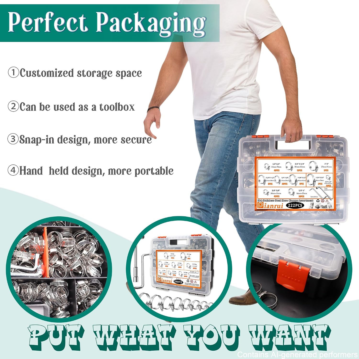 Dianrui 222 PCS Hose Clamp Assortment 1/4"-2-3//4"(6-70mm) 304 Stainless Steel Hose Clamp Kit, Worm Gear Hose Clamps Heavy Duty for Plumbing/Tube/Automotive/Marine with Screwdrivers-10 Size