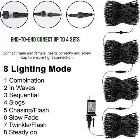 TW SHINE Green Christmas Lights, 200 LED 66FT Outdoor Christmas Lights Plug in with 8 Modes, Waterproof Green Wire St. Patrick's Day Light Outdoor, Indoor Xmas Decorations for Party Yard Room Decor