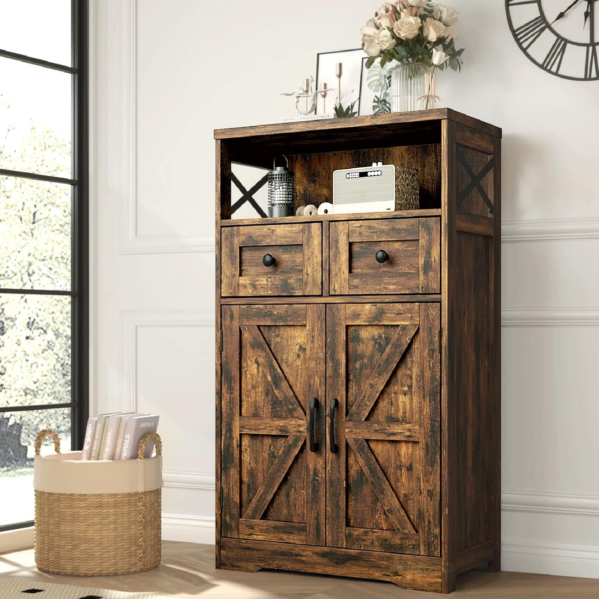 Farmhouse Storage Cabinet with Drawers, Small Kitchen Pantry Cabinet, Brown