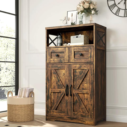 Farmhouse Storage Cabinet with Drawers, Small Kitchen Pantry Cabinet, Brown