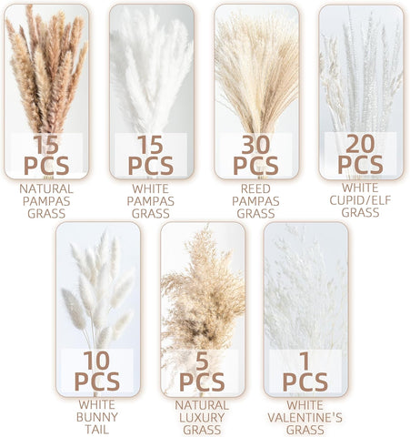 96PCS Natural Dried Pampas Grass Boho Home Decor Bouquet Phragmites Dried Flowers Bouquet for Wedding Floral Arrangements Living Room Decorations (96PCS)