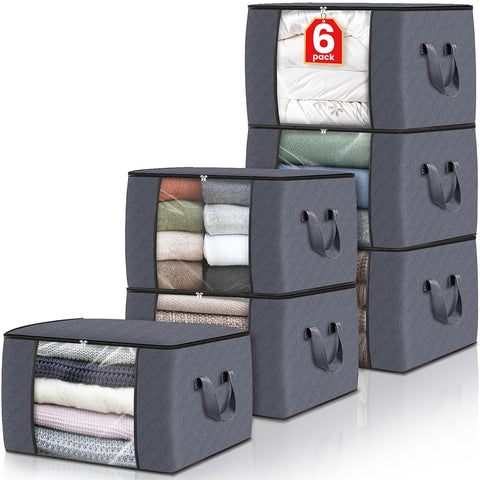 Fab totes 6 Pack Clothes Storage, Foldable Thick Fabric Blanket Storage Bags, Storage Containers for Organizing Bedroom, Closet, Clothing, Comforter, Organization and Storage with Handle,Grey