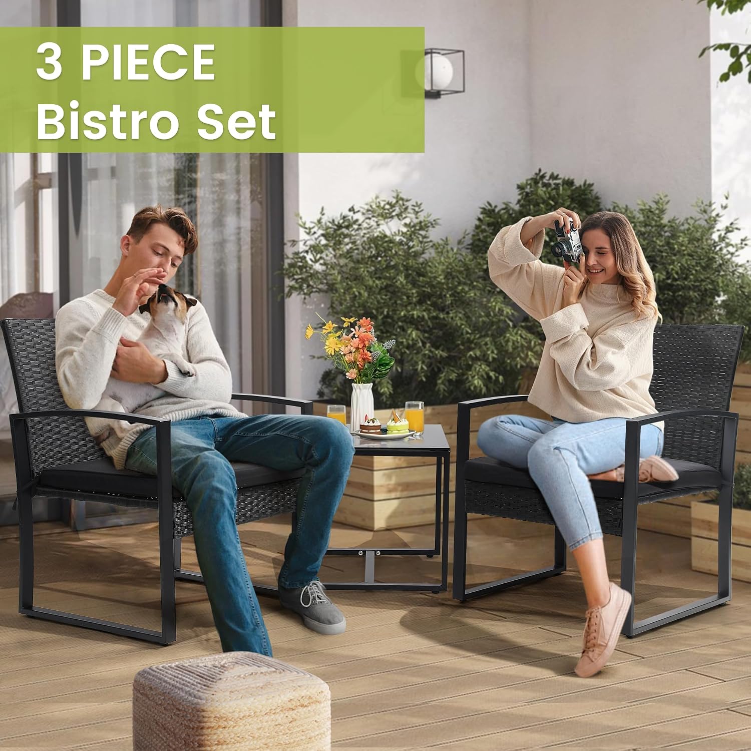 Murago Outdoor 3-Piece Wicker Bistro Set, Patio Conversation Set