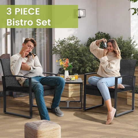 Murago Outdoor 3-Piece Wicker Bistro Set, Patio Conversation Set