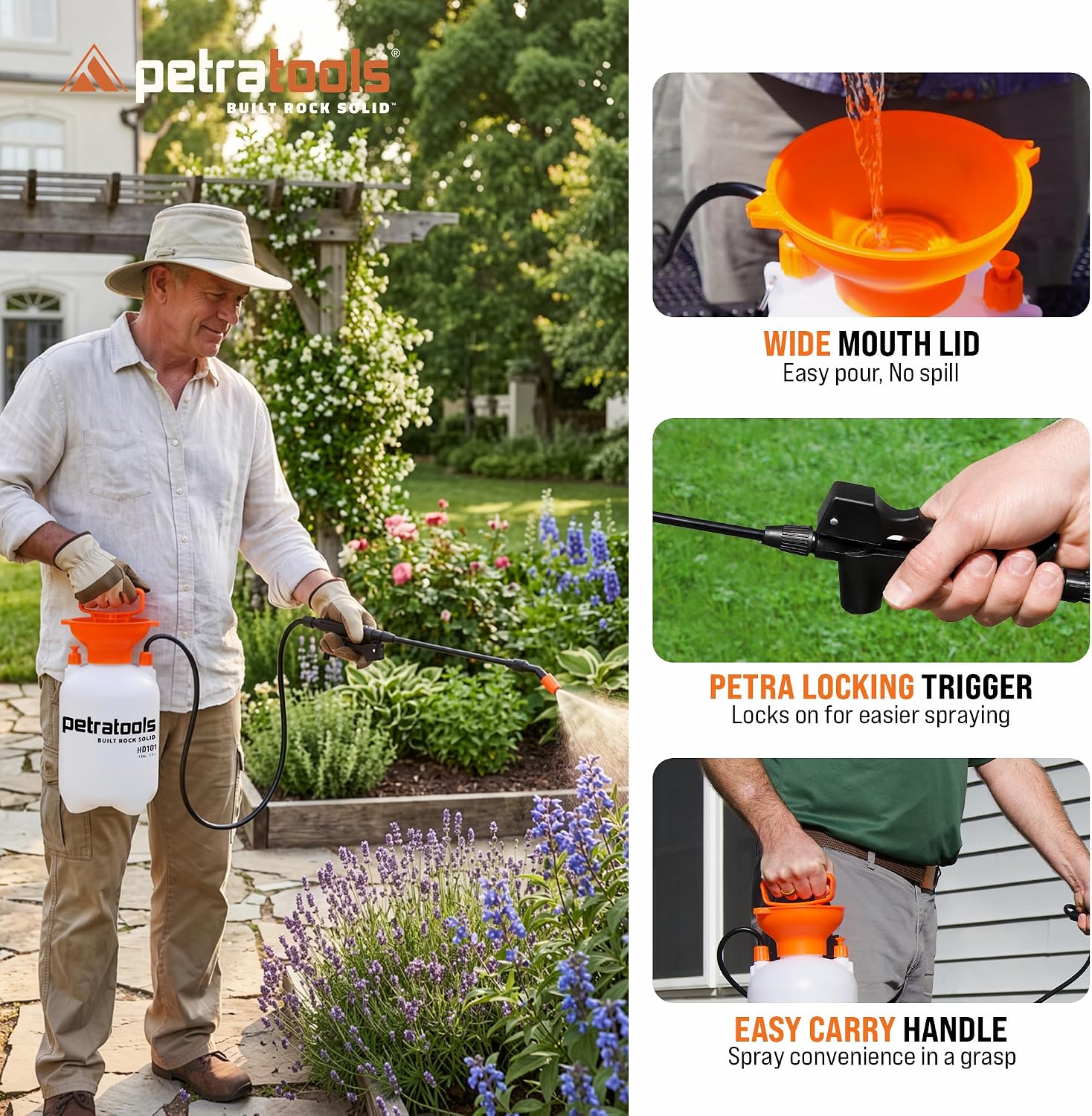 PetraTools HD101 Garden Pump Sprayer, 52-in Long Hose & 2 Nozzles, 1 Gallon
