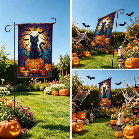 Halloween Black Cat Garden Flag 12x18 Inch Spooky Pumpkin Outdoor Yard Flag