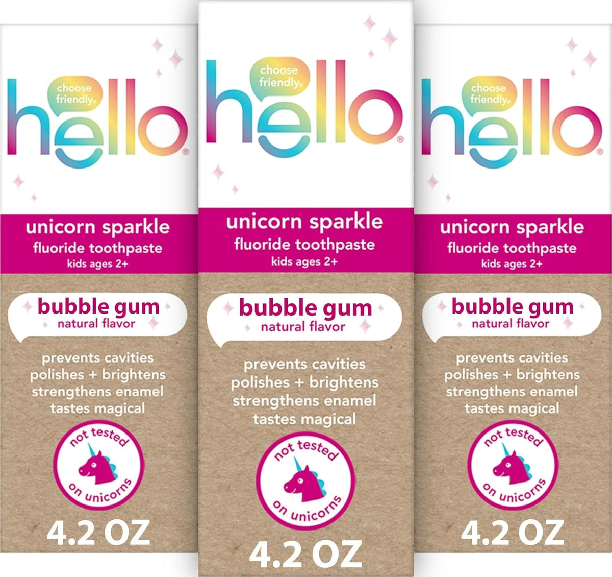 Hello Unicorn Sparkle Kids Toothpaste with Fluoride, Bubble Gum Toothpaste, 4.2 Oz Tube (Pack of 3)