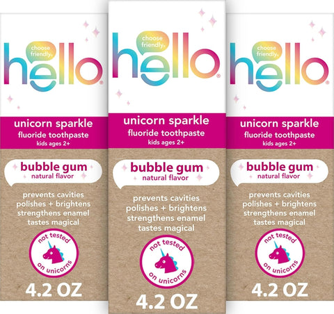 Hello Unicorn Sparkle Kids Toothpaste with Fluoride, Bubble Gum Toothpaste, 4.2 Oz Tube (Pack of 3)